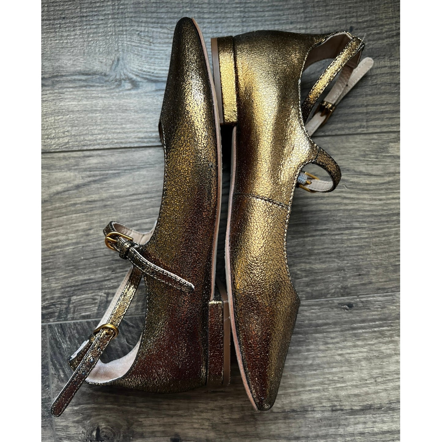 Boden Gold Cracked Leather Ankle Strap Mary Jane Flats 7