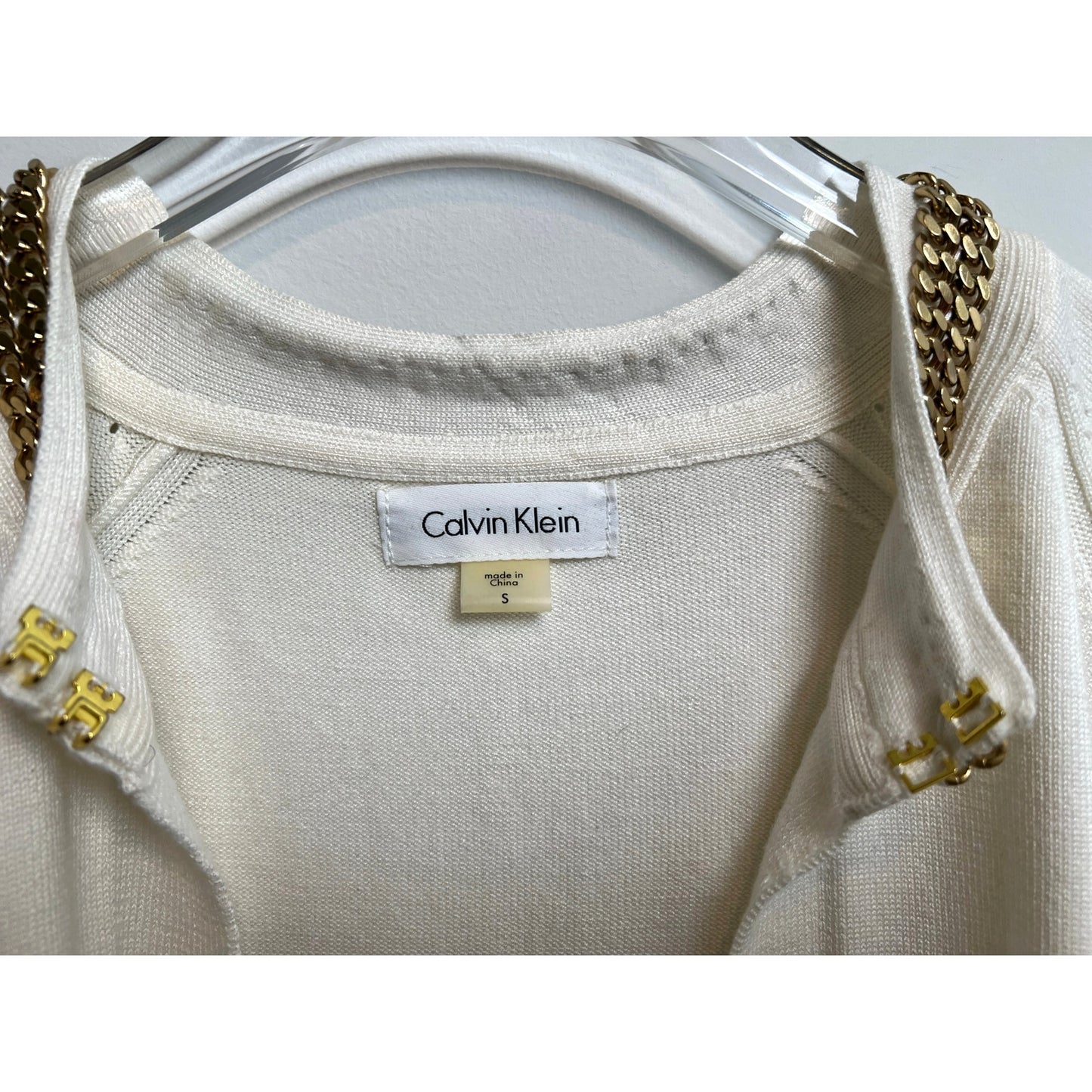 Calvin Klein Cream with Gold Chain Trim Cropped Cardigan S