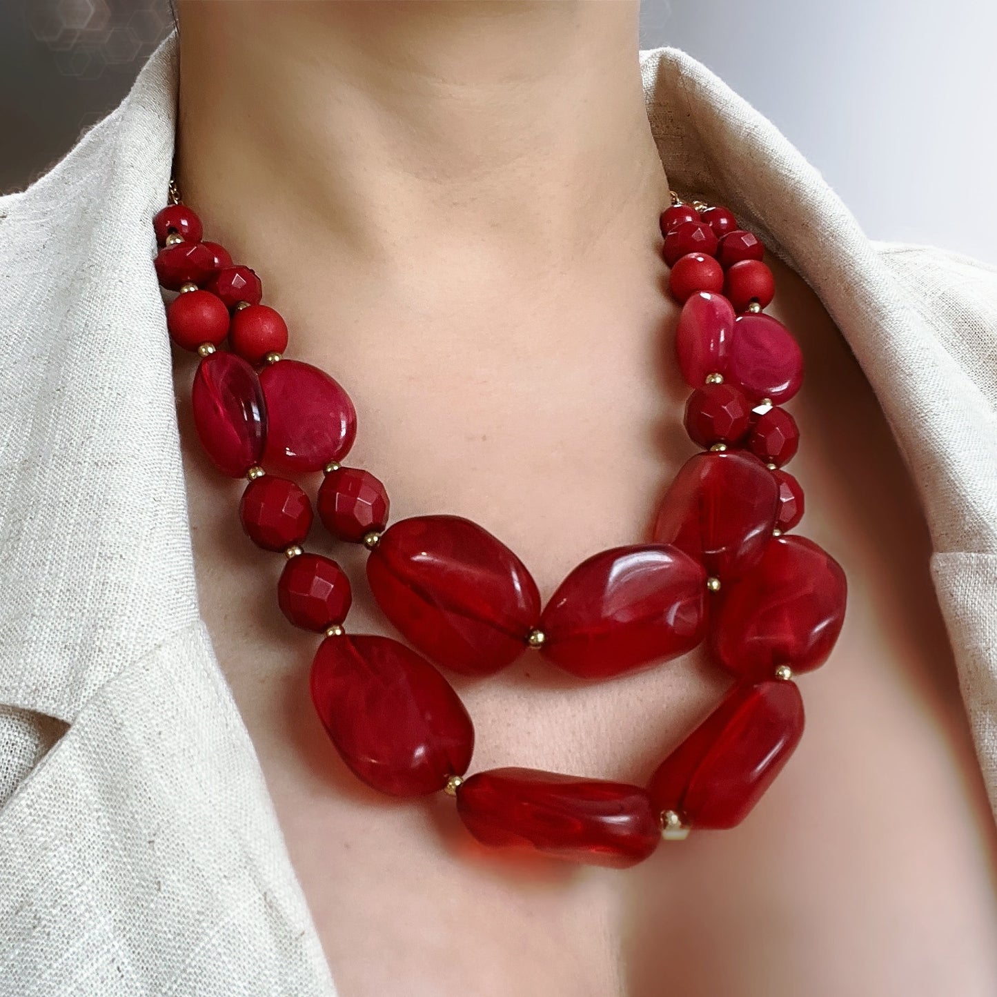 Red Resin Chunky Beaded Double Strand Statement Necklace