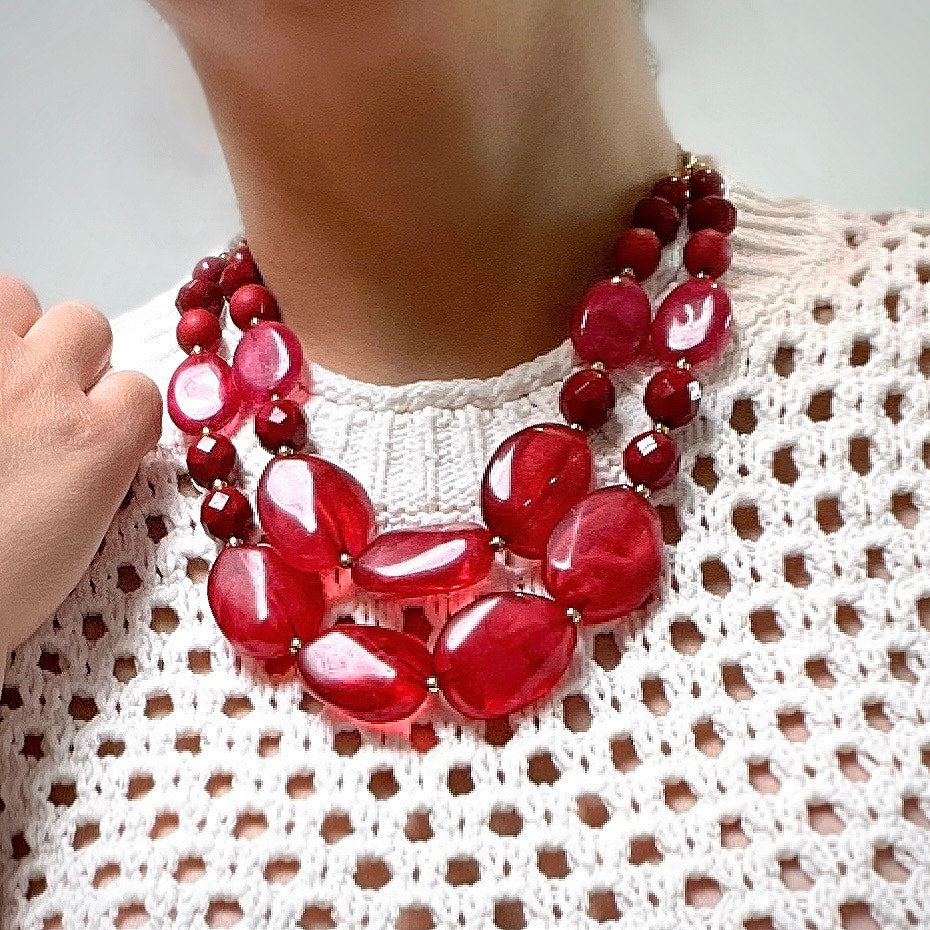 Red Resin Chunky Beaded Double Strand Statement Necklace