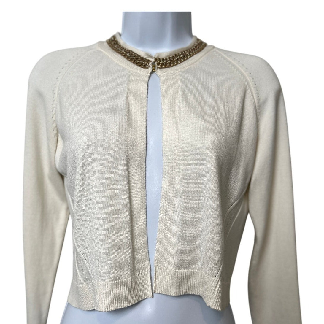 Calvin Klein Cream with Gold Chain Trim Cropped Cardigan S