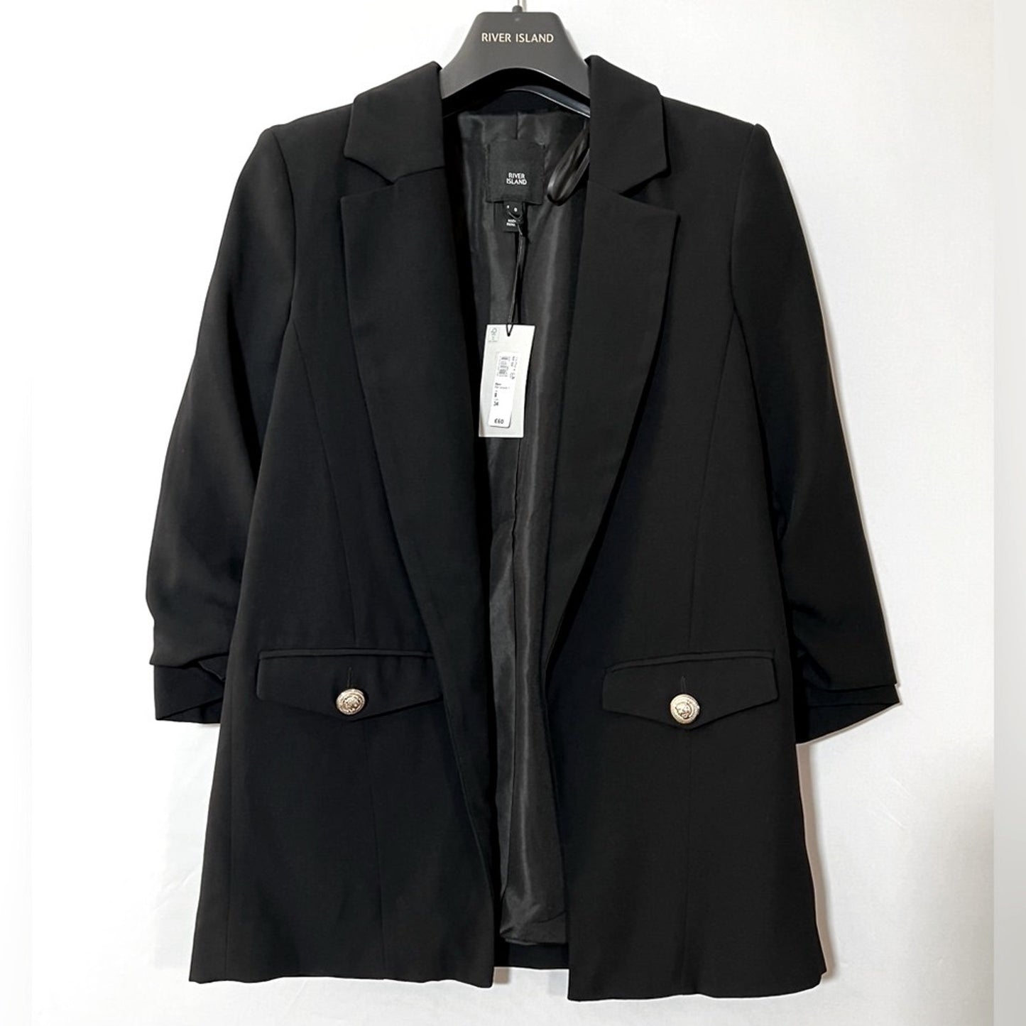 River Island 3/4 Sleeve Open Front Black Blazer/US 4/UK 8