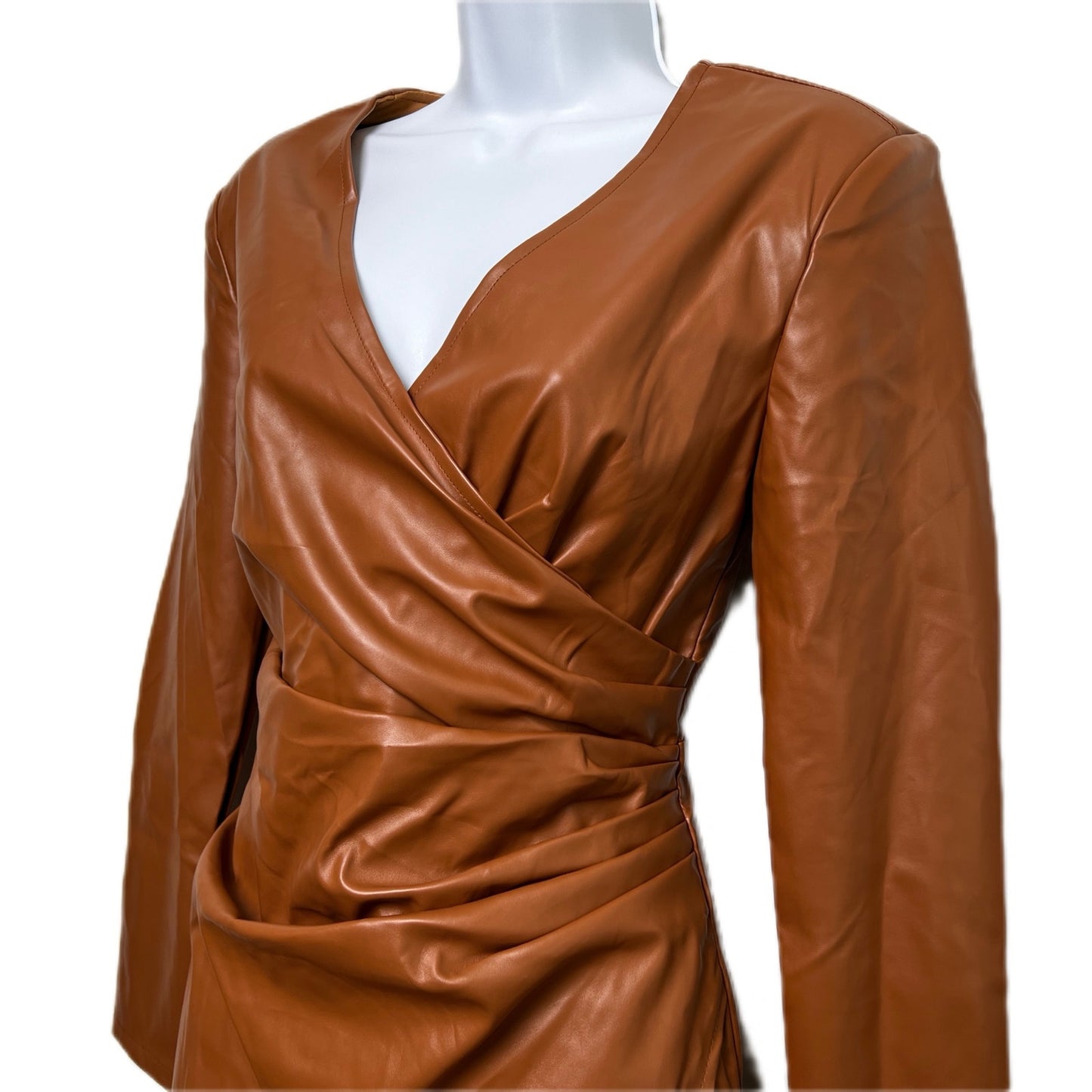 Vestique Faux Leather Wrap-Front Long Sleeve Mini Dress/M