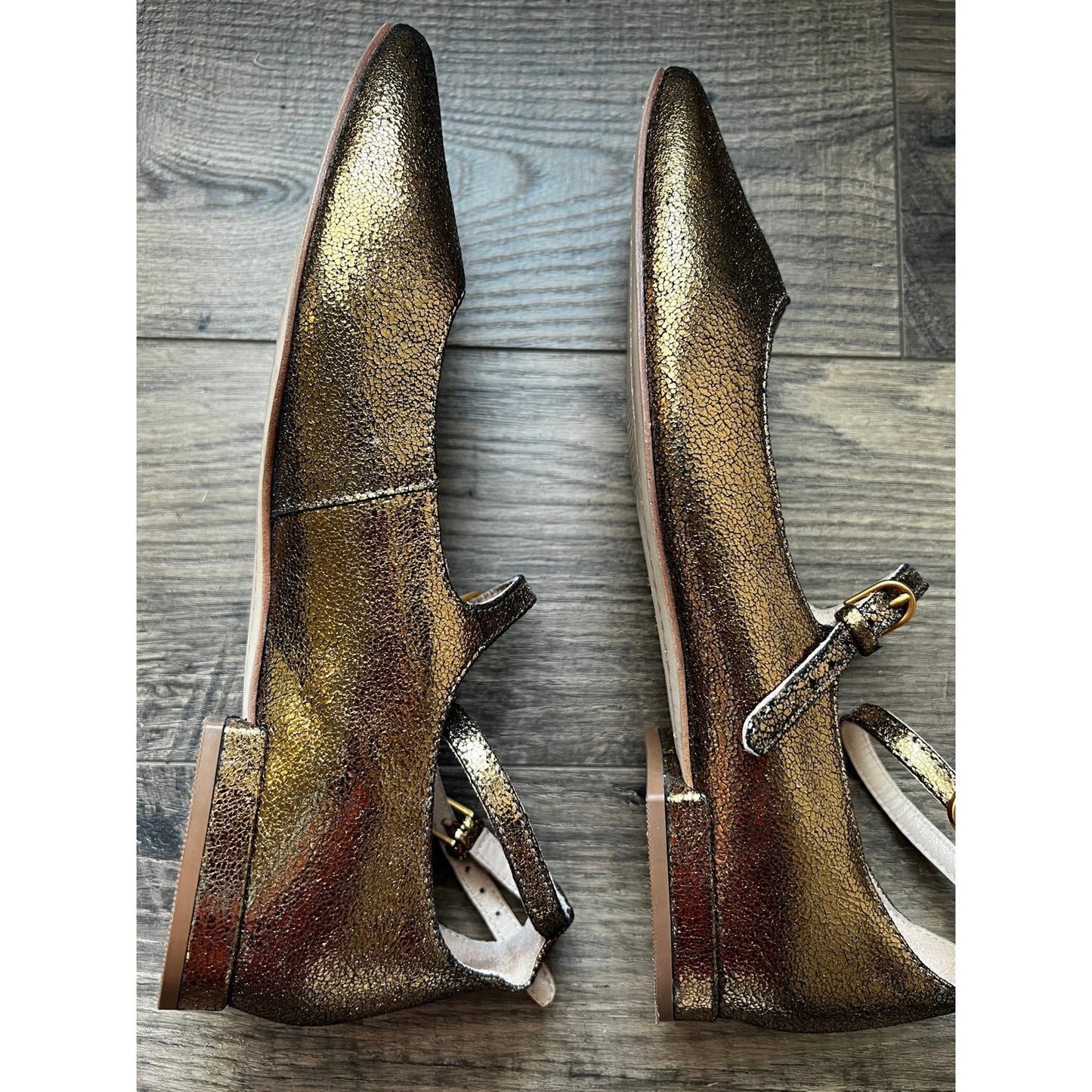 Boden Gold Cracked Leather Ankle Strap Mary Jane Flats 7