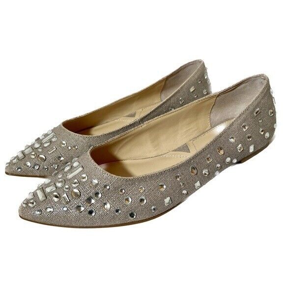 Adrienne Vittadini Taupe & Silver Rhinestone Studded Pointed Toe Flats 7