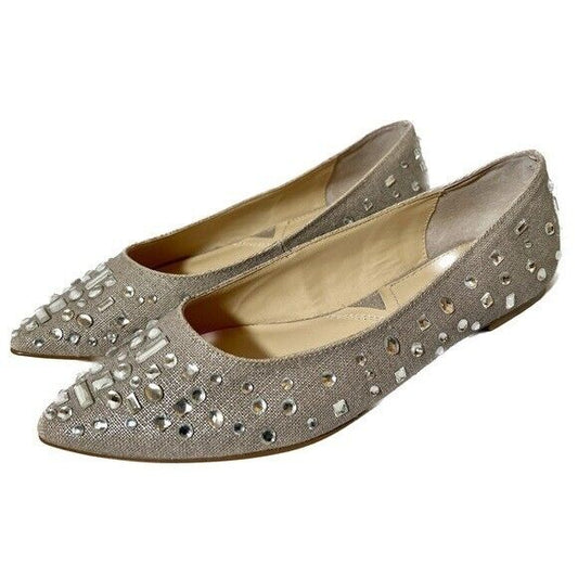 Adrienne Vittadini Taupe & Silver Rhinestone Studded Pointed Toe Flats 7