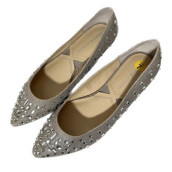 Adrienne Vittadini Taupe & Silver Rhinestone Studded Pointed Toe Flats 7