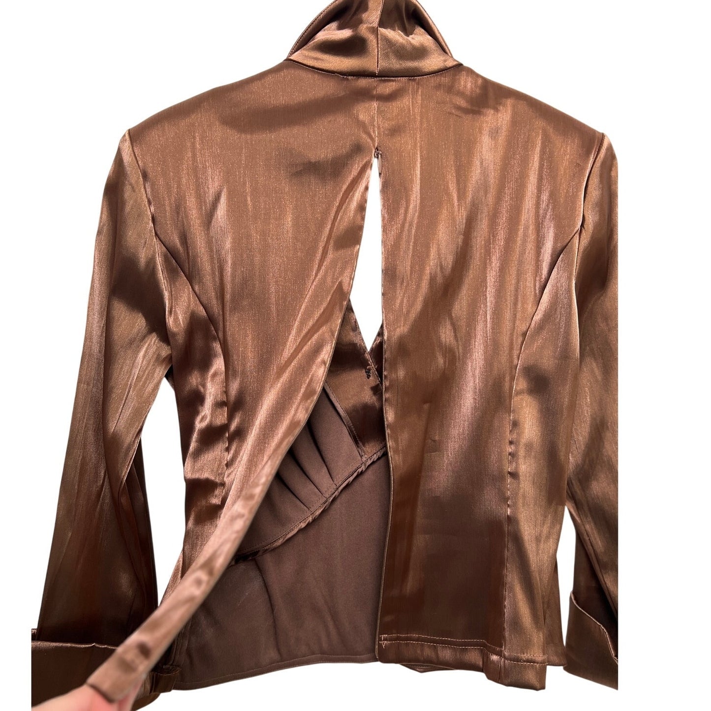 Vintage Cachet Wrap-Look Back-Zip Brown Metallic Dress Shirt 6