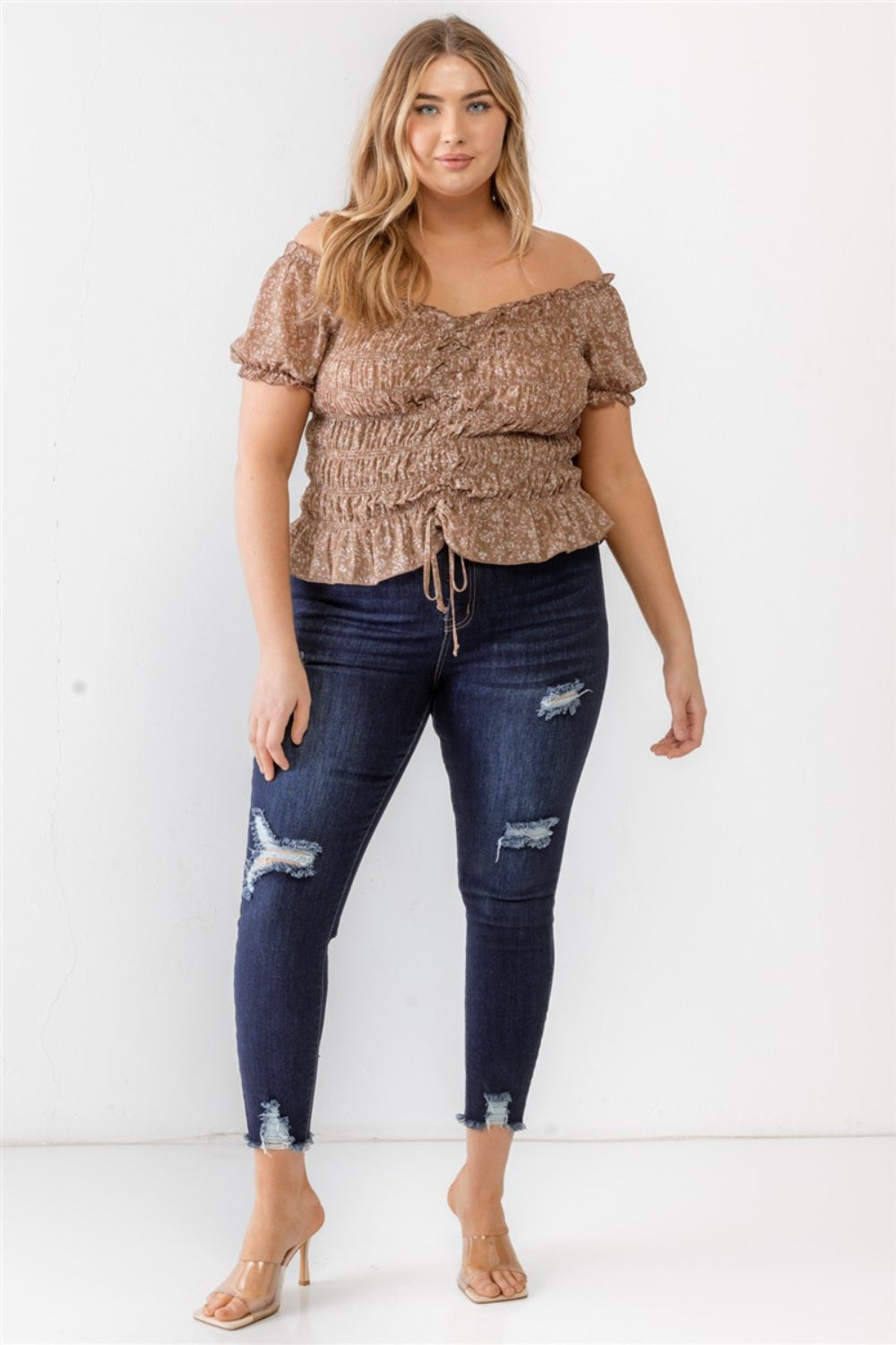 Zenobia Plus Size Frill Ruched Off-Shoulder Short Sleeve Blouse