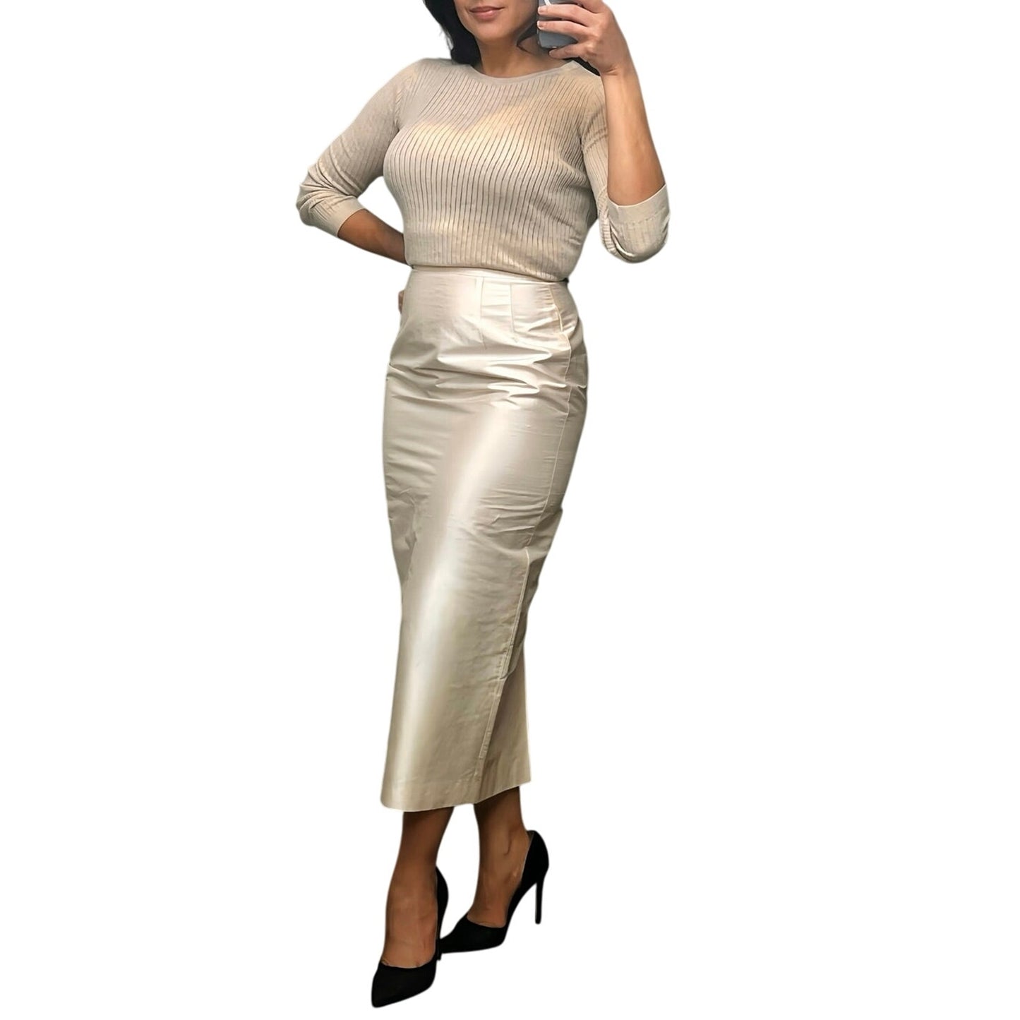 Vintage 90s Maggy London Silk Pencil Skirt Ivory Cream Midi Size 4