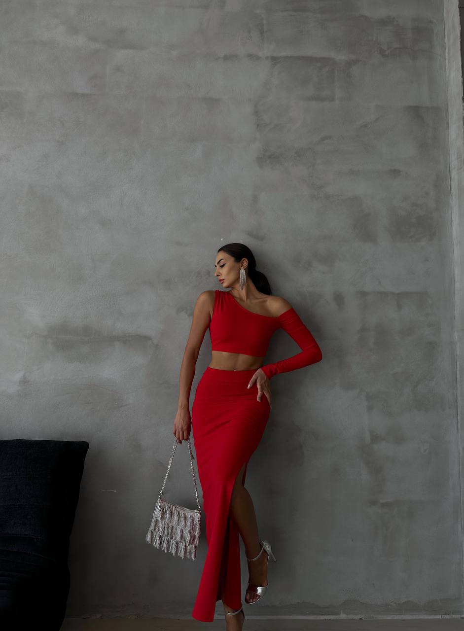 Asymmetrical Crop Top and Maxi Skirt Set Red