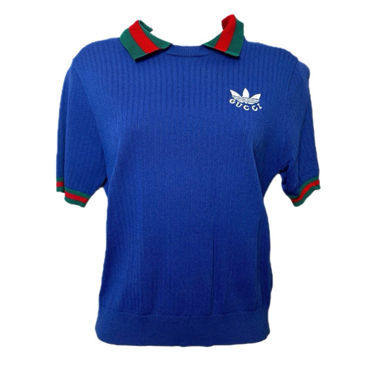 GUCCI x ADIDAS Logo Embroidered Polo Shirt Cobalt Blue L