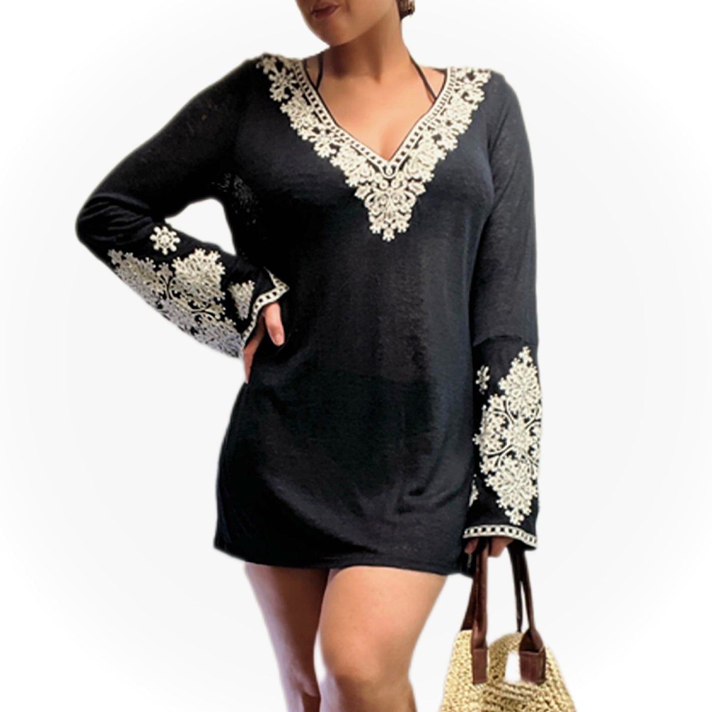 I.N.C. Beach Embellished Linen Swim Cover-Up/Tunic-Navy/L