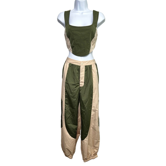 CIDER Woven Colorblock Corset Top + Jogger Pants Set/M/L