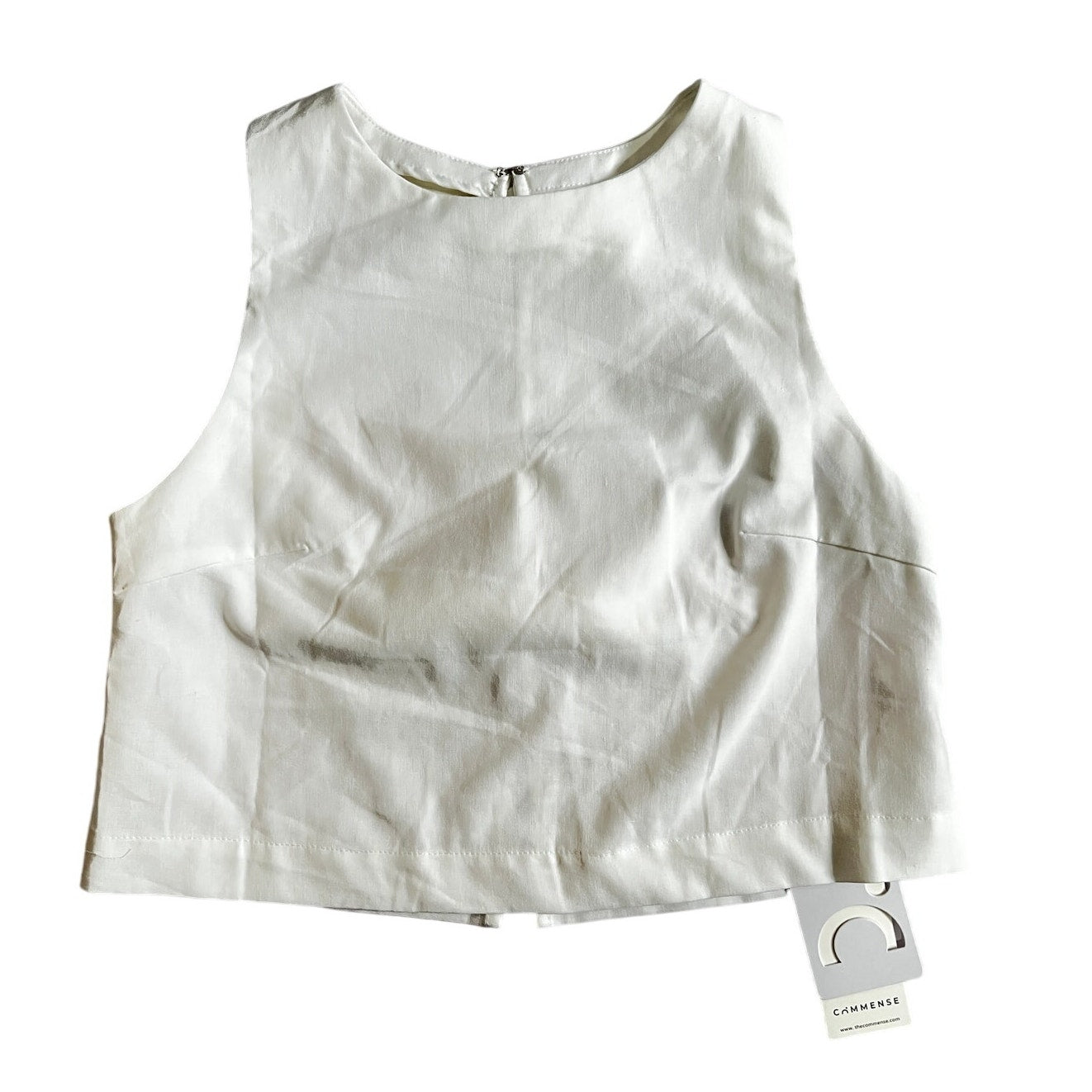 Commense Cotton & Linen Bow Back Cropped Crew Neck Top S