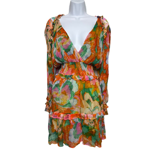 Gilner Farrar Cinched Waist Ruffle Plunge Neck Mini Dress S
