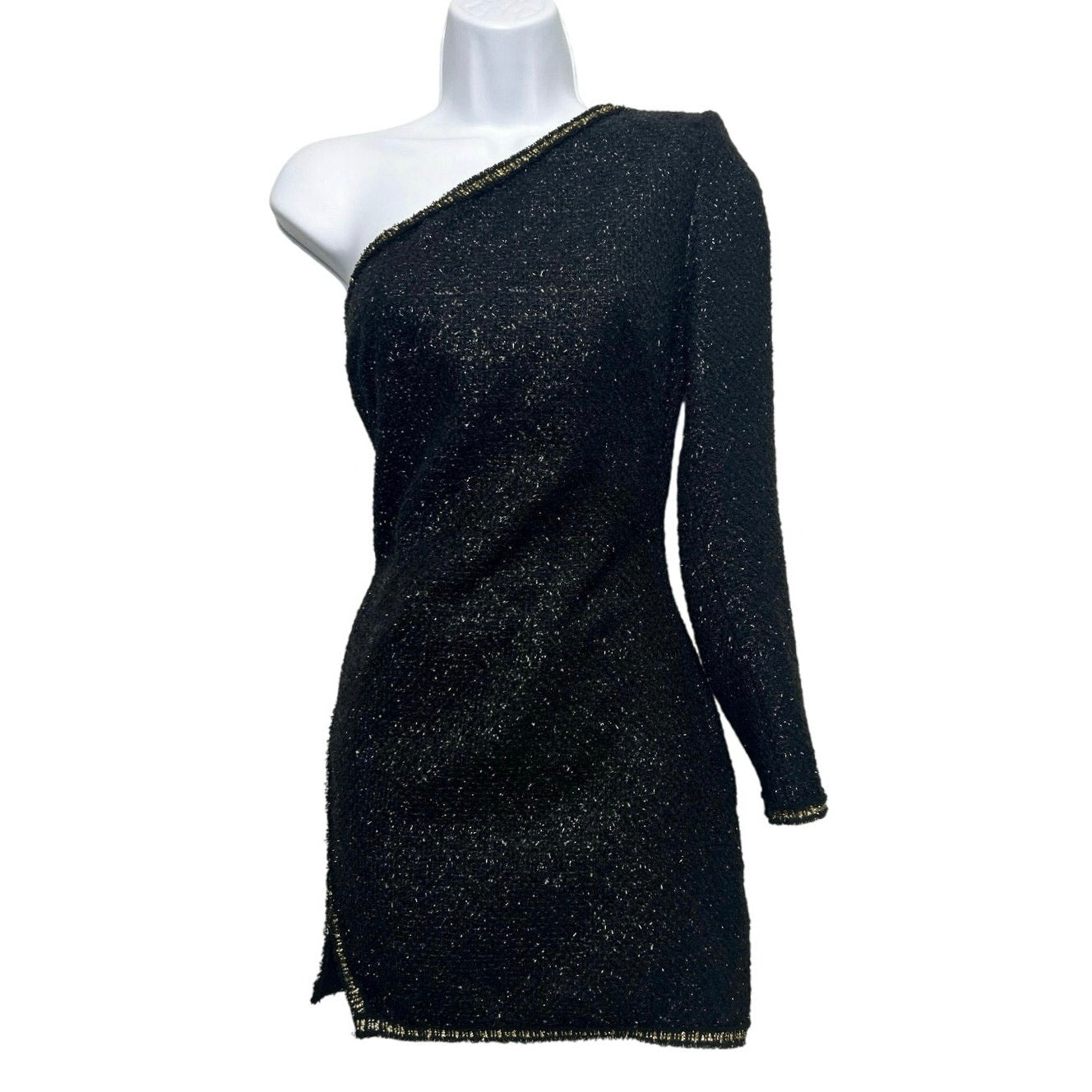 Zara One-Sleeve Mini Black/Gold Tweed-Look Cocktail Dress