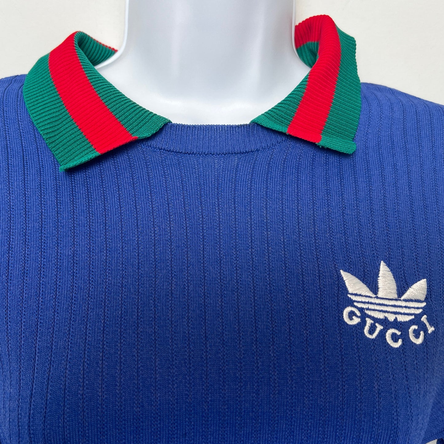 GUCCI x ADIDAS Logo Embroidered Polo Shirt Cobalt Blue L