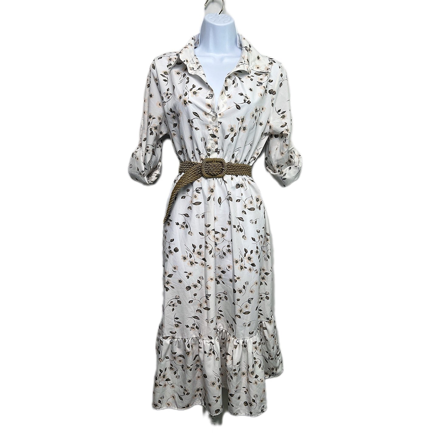 Vintage Floral Cuffed Sleeve Button-Up Midi Summer Dress/S