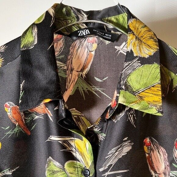 Zara Tropical Print Long Sleeve Button Front Blouse