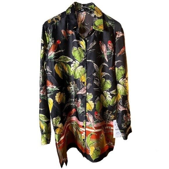 Zara Tropical Print Long Sleeve Button Front Blouse