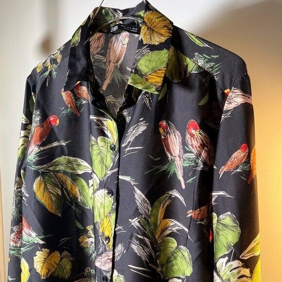 Zara Tropical Print Long Sleeve Button Front Blouse