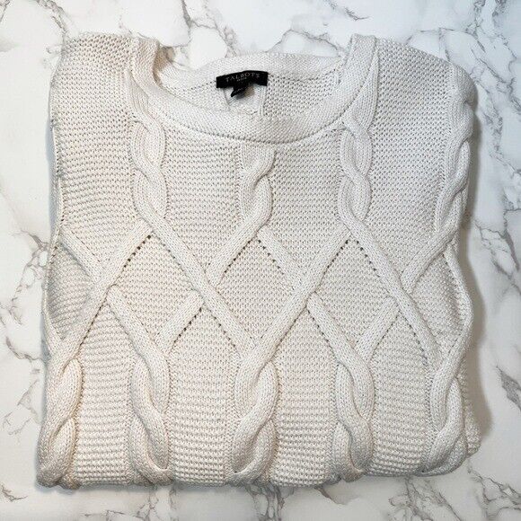 Talbots Petite Cable Knit Fitted Crew Neck Pullover Sweater Ivory